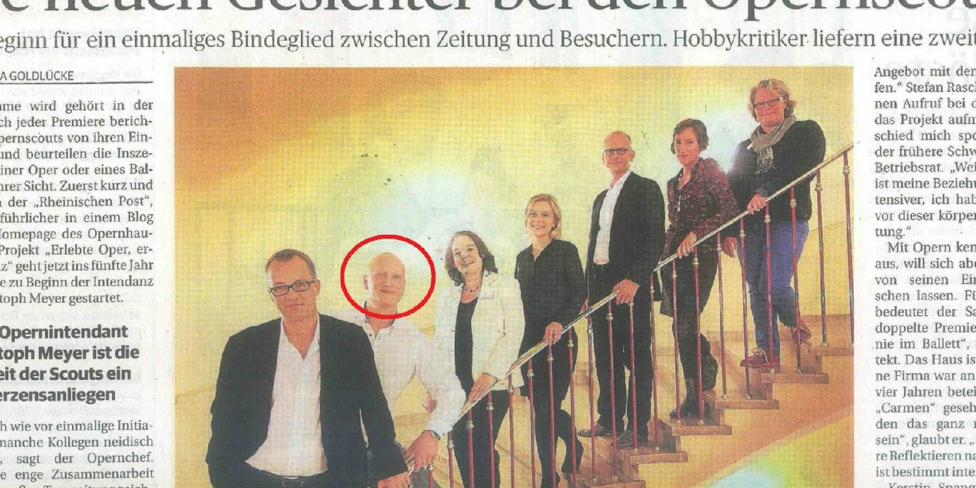 So berichtete die Rheinische Post über die Opern-Scouts. Ex-Skinhead Stefan Rasche (Kreis) steht neben Intendant Christoph Meyer.