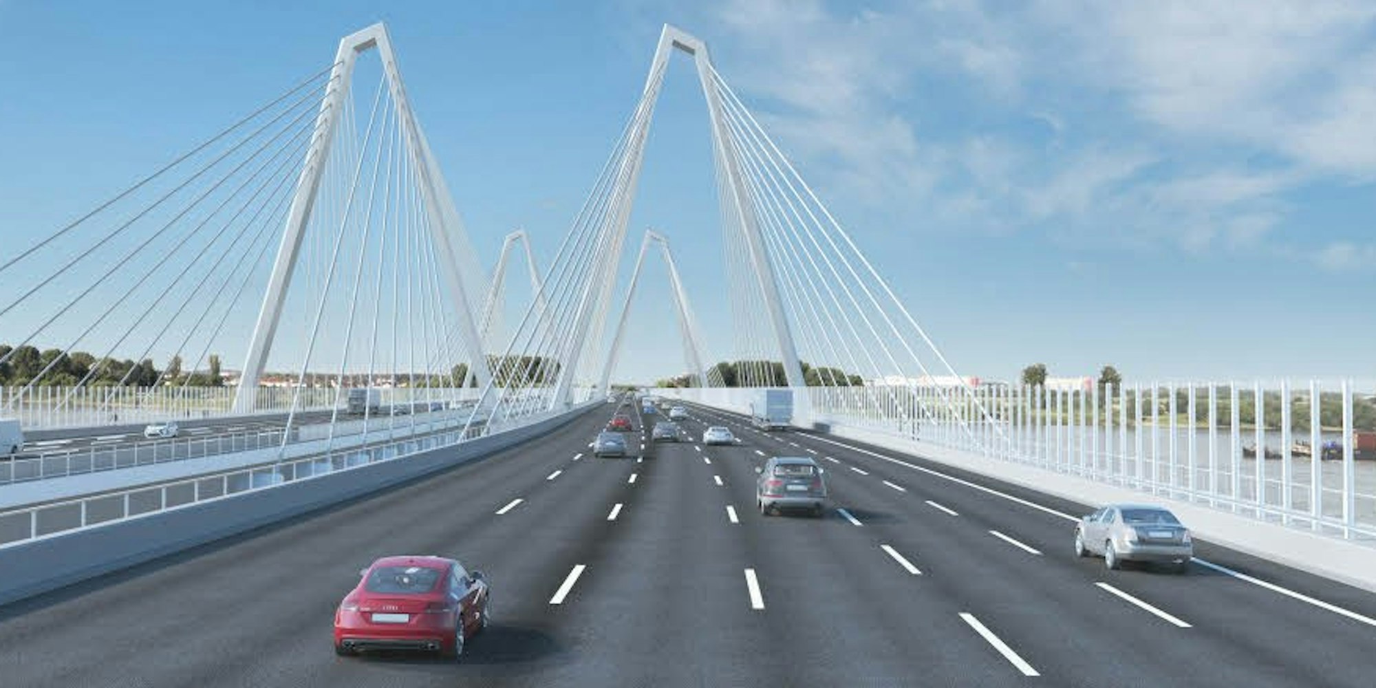 Auf zwölf Spuren über den Rhein: So zeigt Straßen NRW die neue Leverkusener Rheinbrücke, deren Bau 2017 beginnen soll.