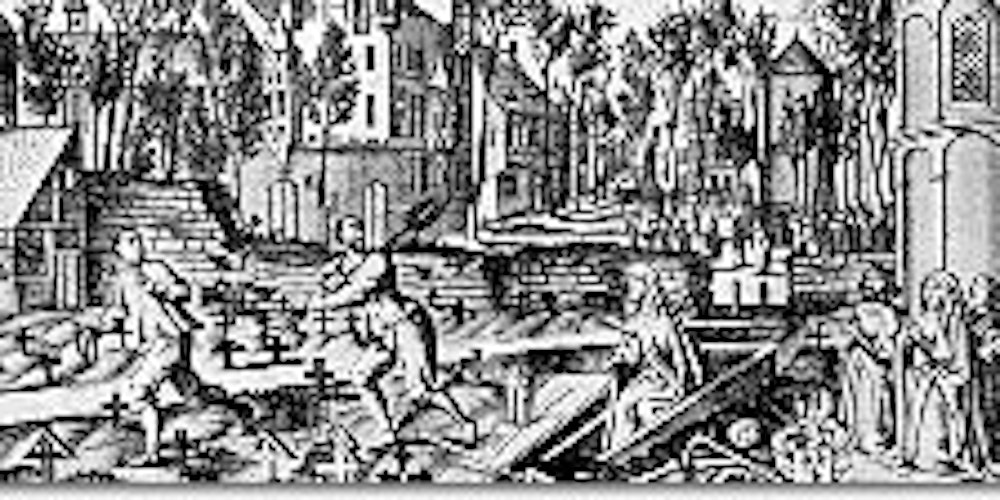 Die Sage von Richmond Aducht in einer Darstellung aus dem 17. Jahrhundert, im Bild rechts erkennt man die Kirche St. Aposteln, im Hintergrund den Neumerkt.