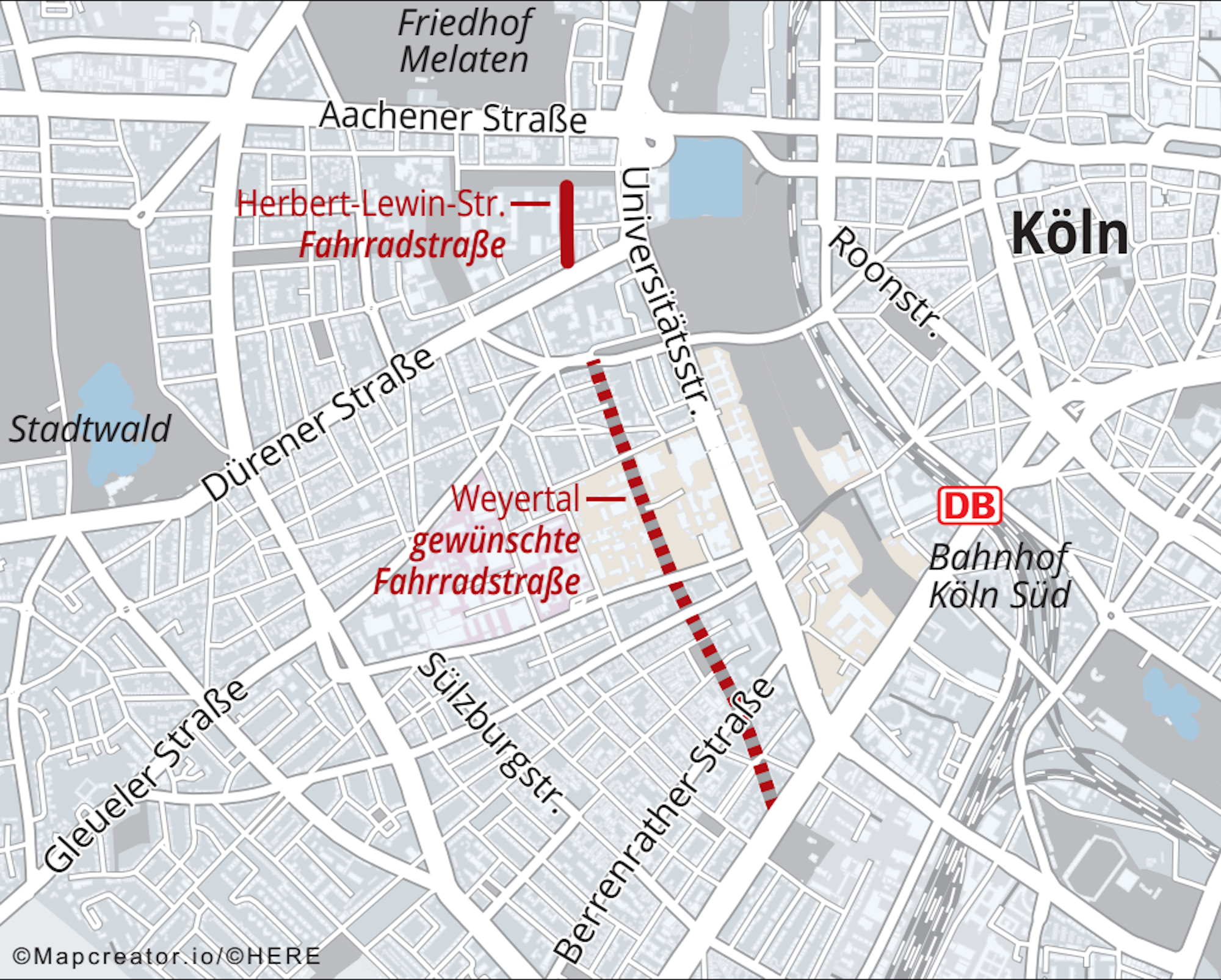 Die Clarenbachstraße, die Rautenstrauchstraße und die Herbert-Lewin-Straße in Lindenthal sind bereits Fahrradstraßen.
