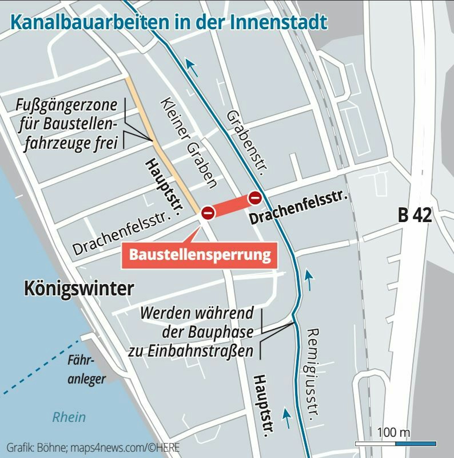 Im ersten und dritten Bauabschnitt der Kanalsanierung gibt es eine innerstädtische Umleitung über Remigius- und Grabenstraße.