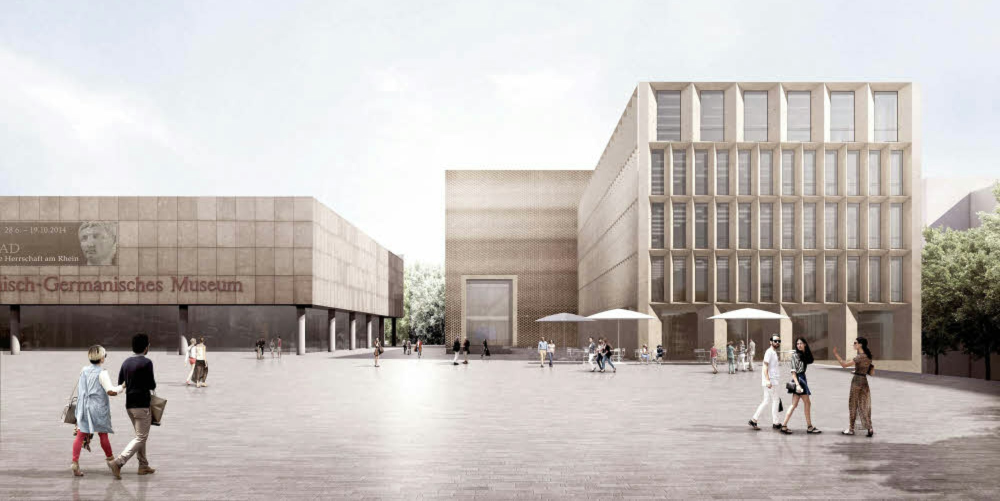 Der erste Architektenentwurf für das neue Kurienhaus (vorne) und das Stadtmuseum