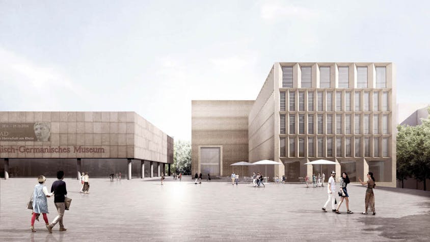 Der erste Architektenentwurf für das neue Kurienhaus (vorne) und das Stadtmuseum