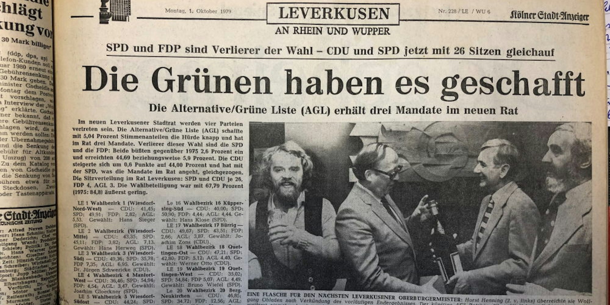 Am 1. Oktober 1979 berichtete der „Leverkusener Anzeiger“ vom ersten Wahlerfolg der AGL.  