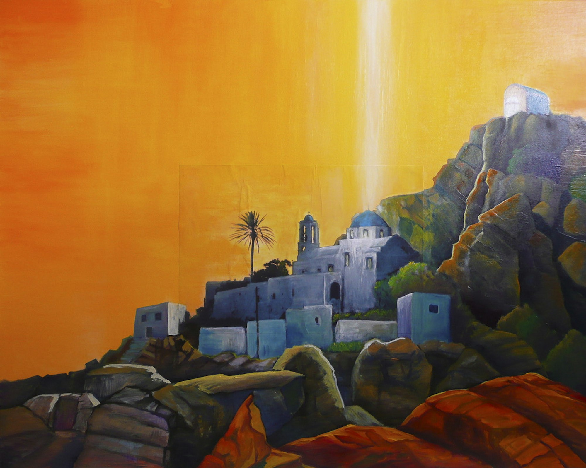 Ein Gemälde, basierend auf einem aufgeklebten Foto, zeigt Kirche und Palme der kleinen Stadt Chora an einen Hügel der griechischen Insel los geschmiegt.