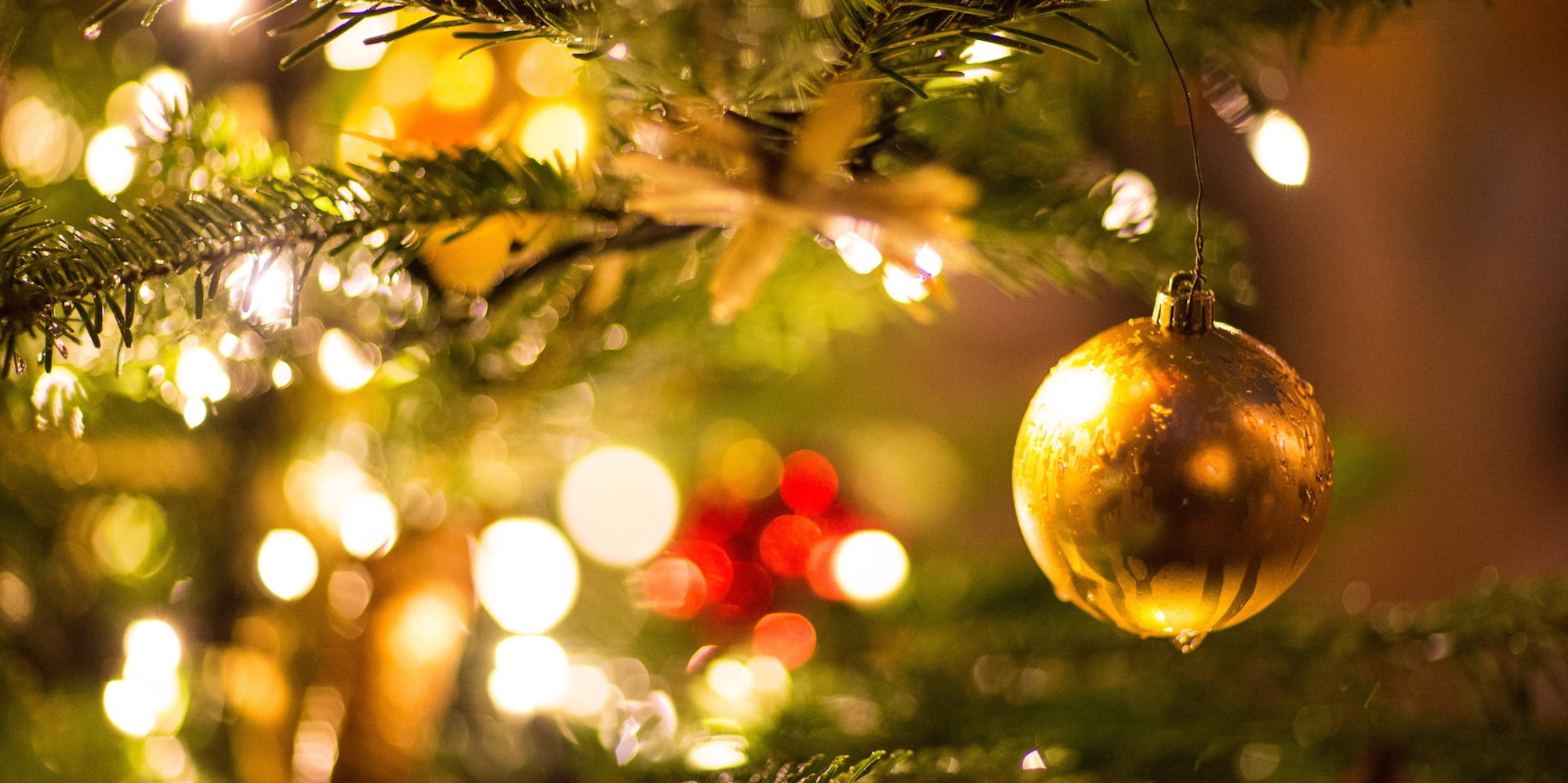 An Ästen eines Weihnachtsbaums hängt eine goldene Kugel, eine Lichterkette erhellt das Bild.