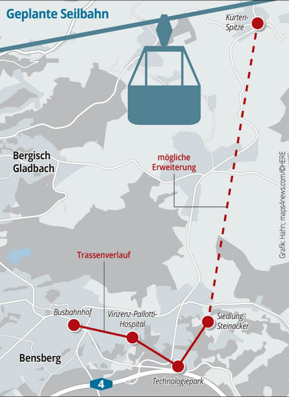 Die Bensberger Trasse könnte vom Busbahnhof über den Technologiepark und zur Siedlung Steinacker führen.