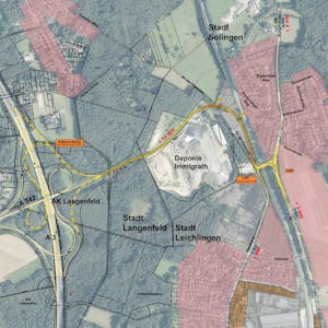 Entwurf für ein Autobahnkreuz Langenfeld: Die Auffahrt würde an Deponie und Gewerbepark Glashütte vorbei zum Stockberg führen und den Verkehr auf der Landwehrstraße (L79) vermehren.