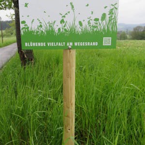„Blühende Vielfalt am Wegesrand“ steht auf Schildern, die auf die schützenswerten, artenreichen Feld- und Wiesensäume hinweisen.
