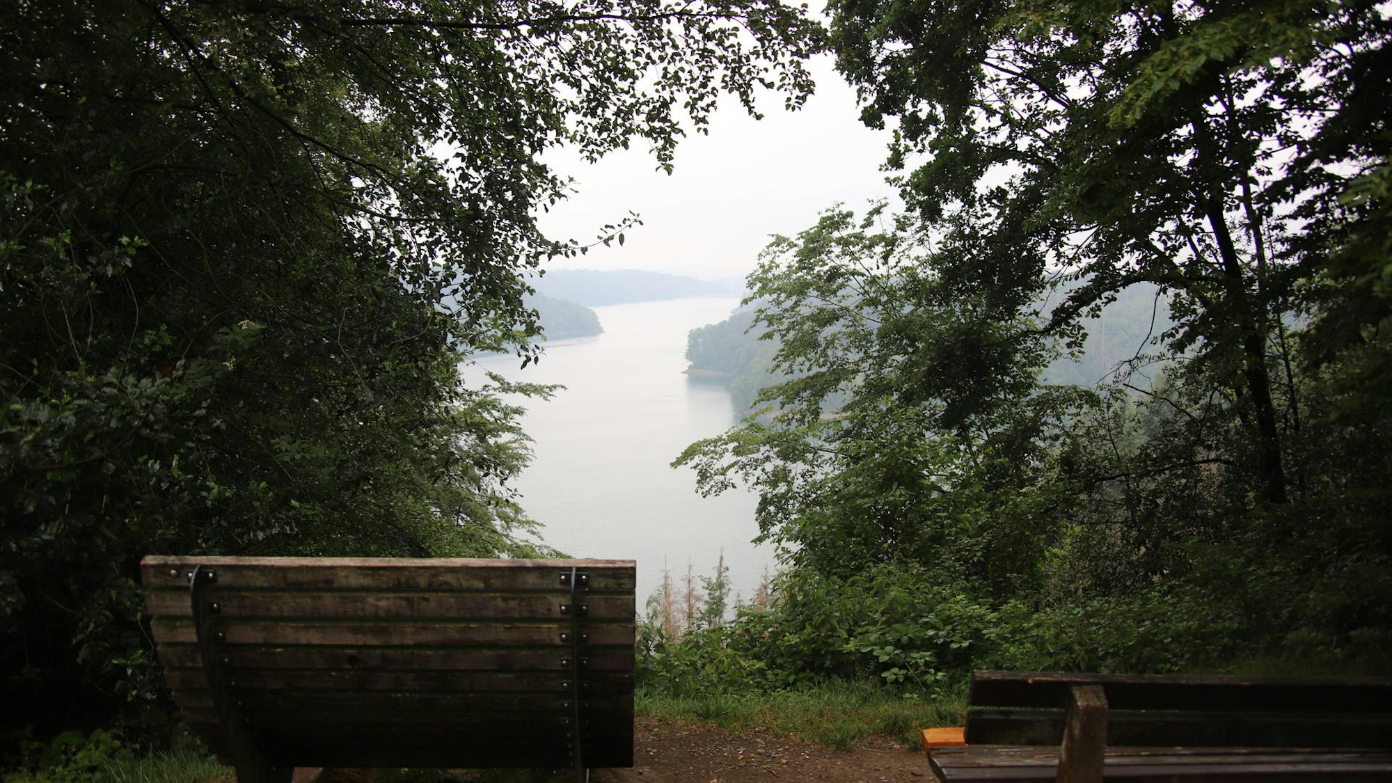 Das Foto zeigt zwei Bänke mit Blick aufs Wasser. Sie stehen am Rand des Ringelsteinwegs.