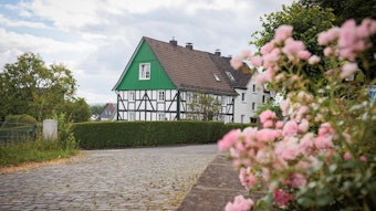 Die Fassade des Fachwerkhauses in Marienhagen ist teilweise grün.