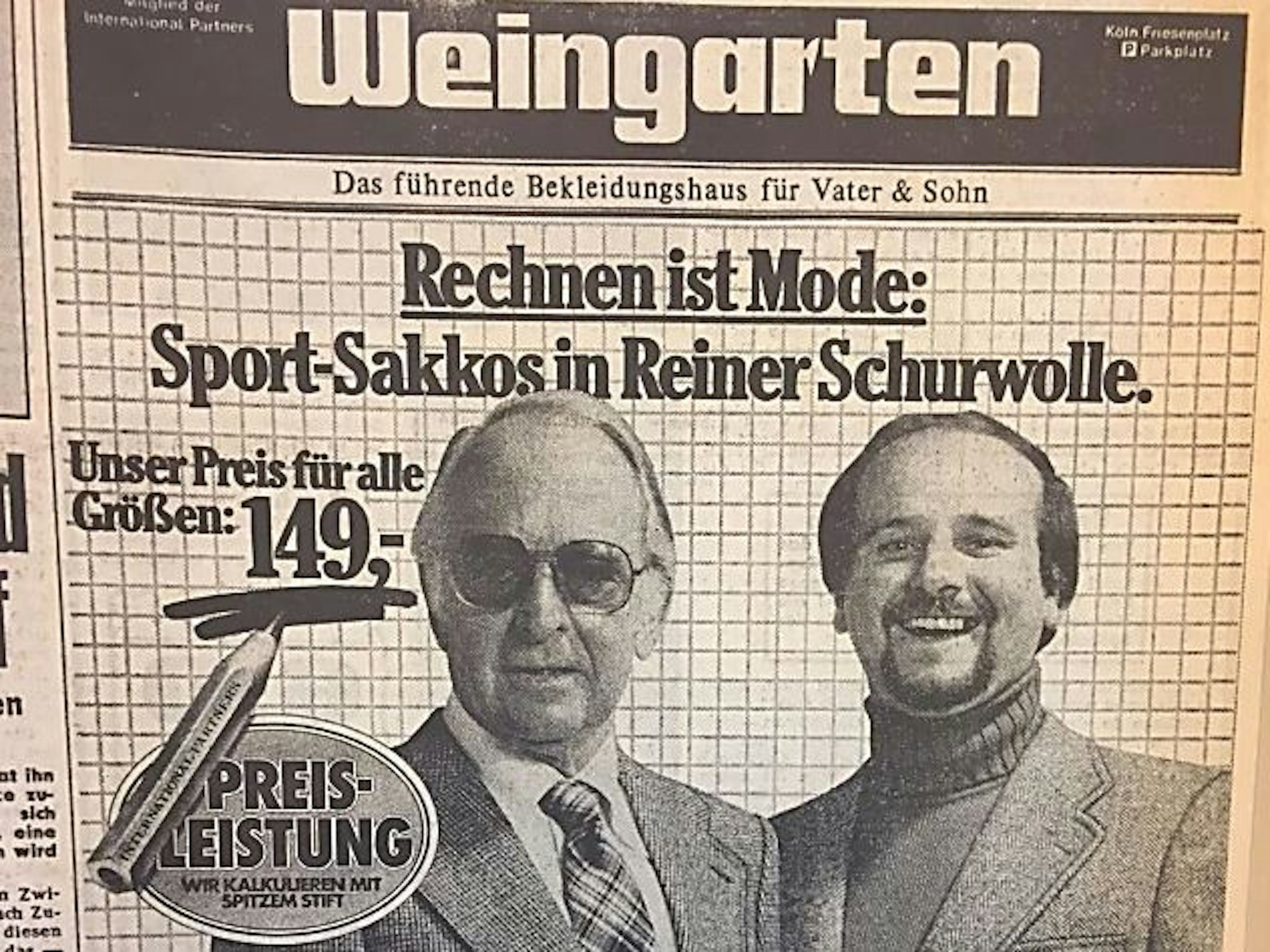 Herrenmode bei Weingarten in Köln: Das Sport-Sakko aus reiner Schurwolle gab's für 149 D-Mark.