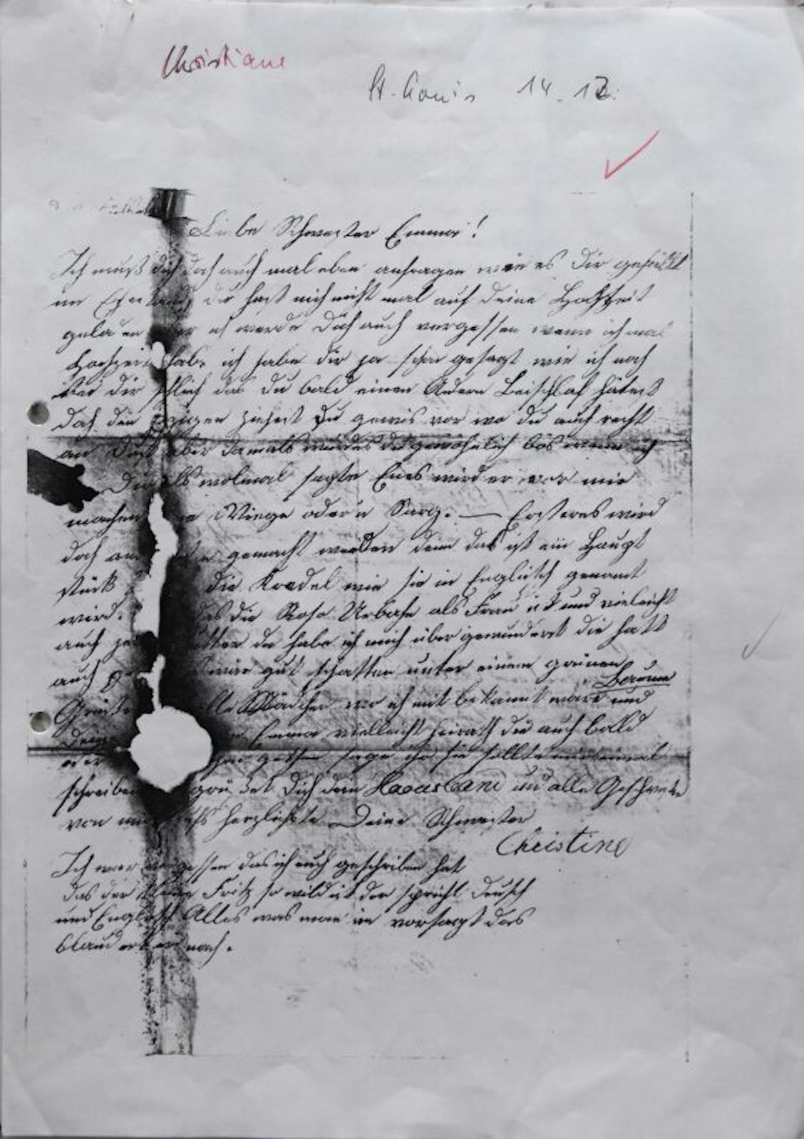 Mäuse fraßen am Brief Christianes, die 1873 an Pocken starb.